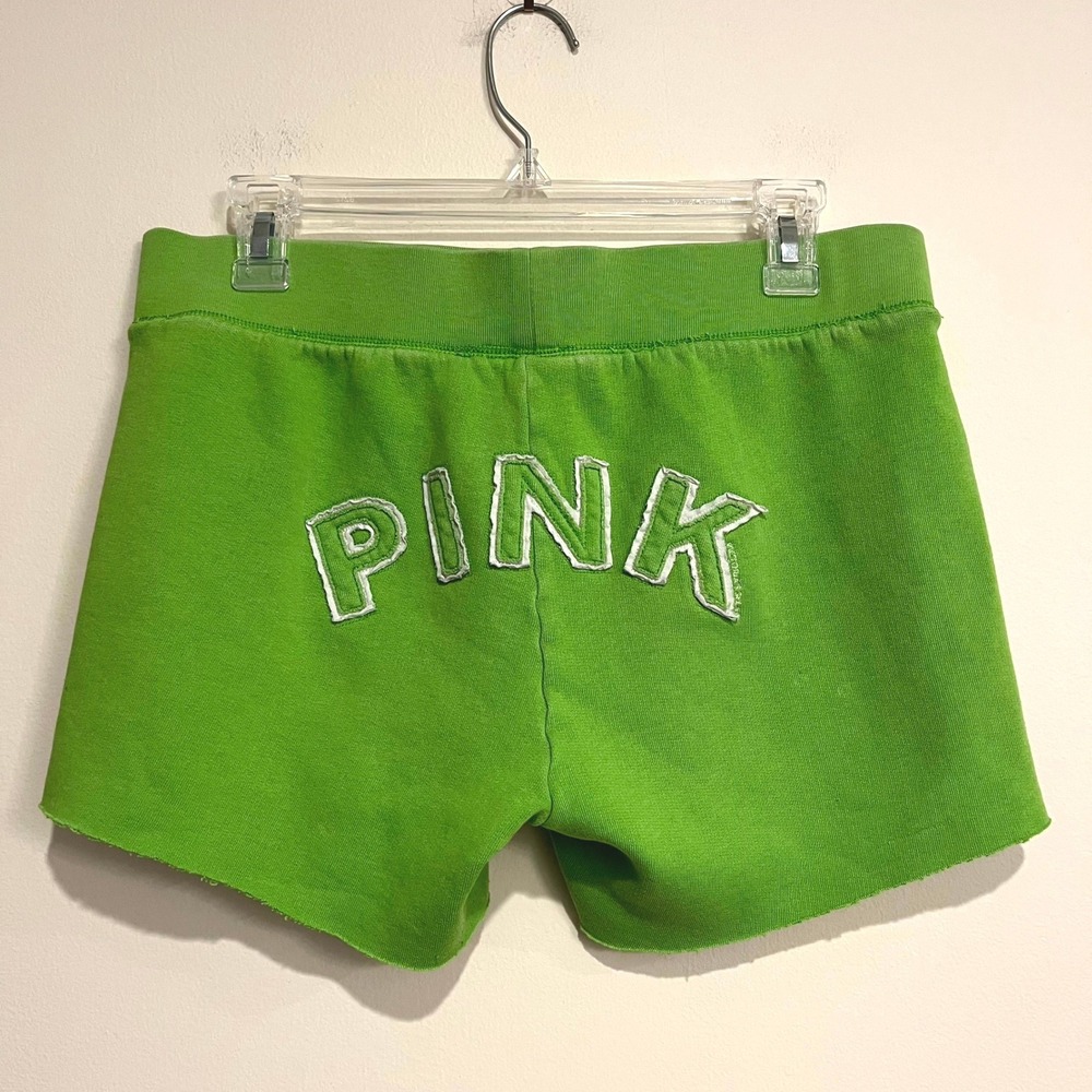 Y2K Victoria's Secret PINK Sweat Shorts Green Logo Cut Off Women Size M